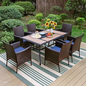 Black 7-Piece Metal Patio Outdoor Dining Set with Geometric Rectangle Table and Rattan Chairs with Blue Cushion