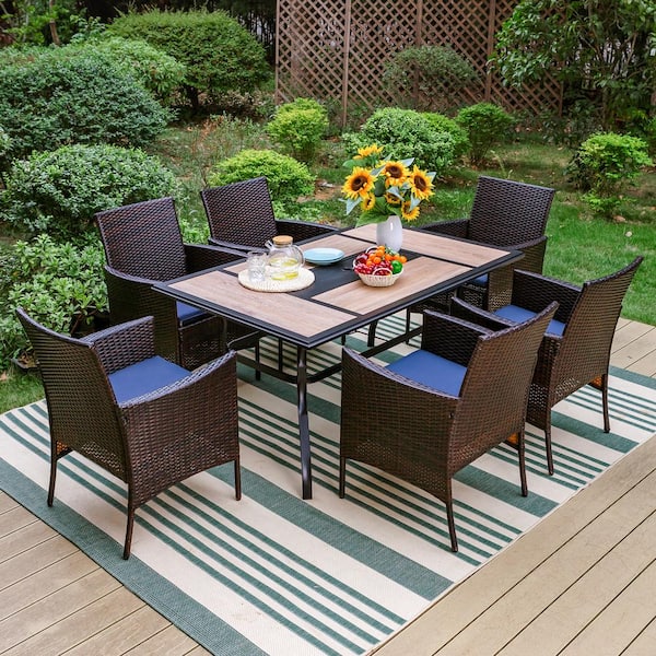 PHI VILLA Black 7-Piece Metal Patio Outdoor Dining Set with Geometric Rectangle Table and Rattan Chairs with Blue Cushion