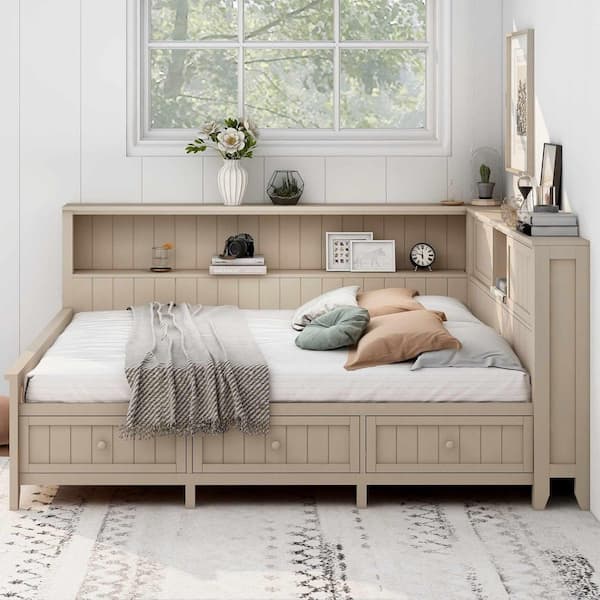 Antique White Full Daybed with Storage Shelves and 3 Drawers