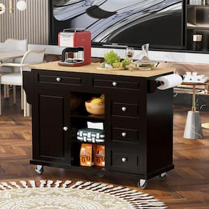 Black Kitchen Cart with Drawers and Locking Casters and Spice Rack and Wheels and Shelf