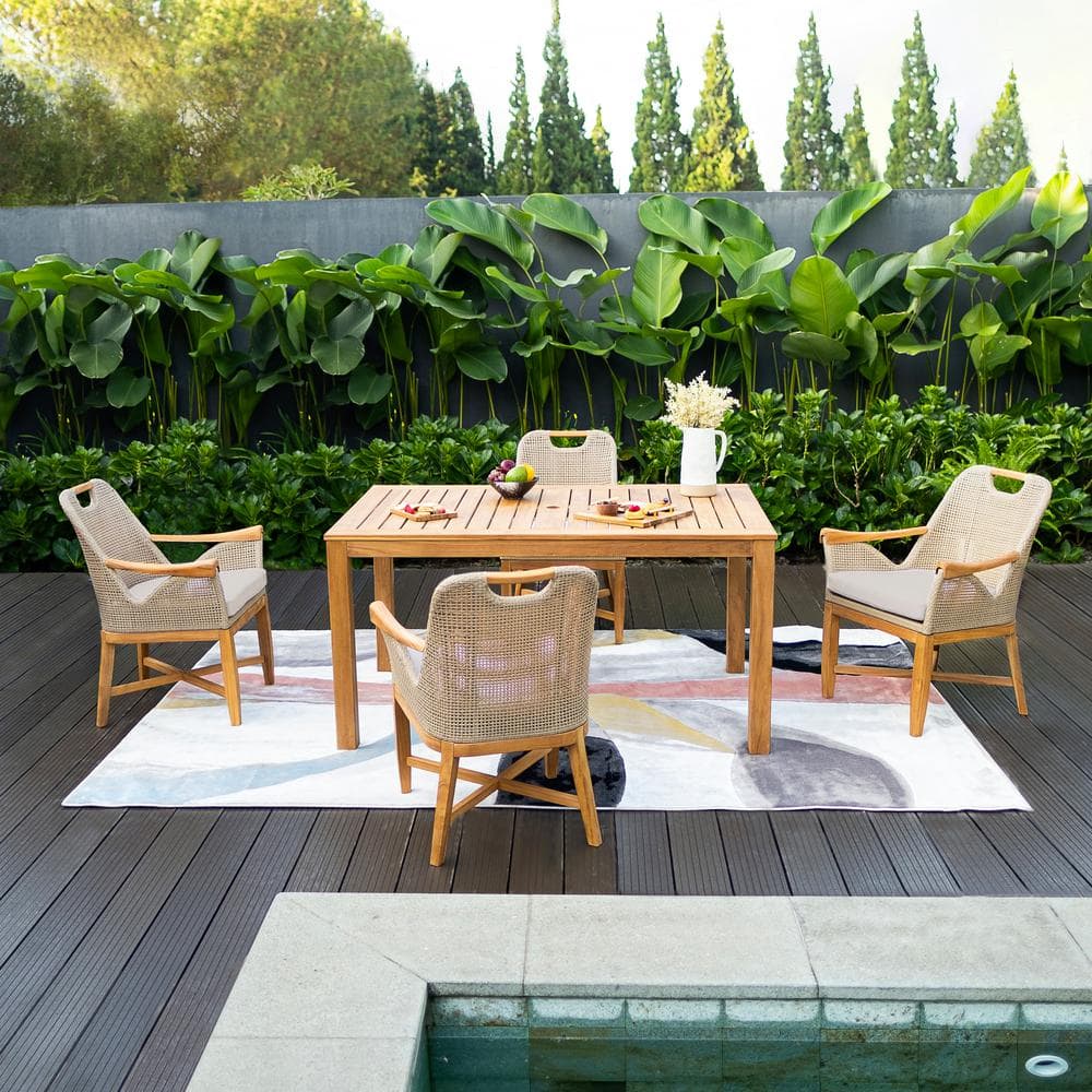 Midney 5-Piece Teak Wood Outdoor Dining Set with Rectangular Dining Table Tan Cushion price history on PriceWatchPro