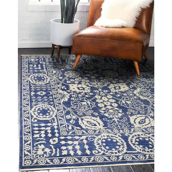 EORC Blue 6 ft. x 9 ft. Hand-Knotted Wool Traditional Suzani Area Rug