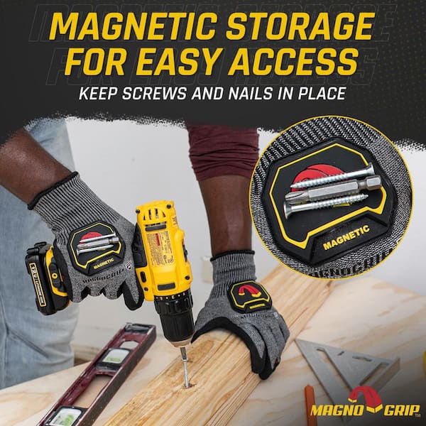 Level 5 Impact Cut Resistant Work Glove with Integrated Magnetic Storage in Gray, Small