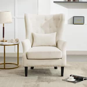 Modern Rubberwood Leg Beige Tufted Wingback Chair with Pillow