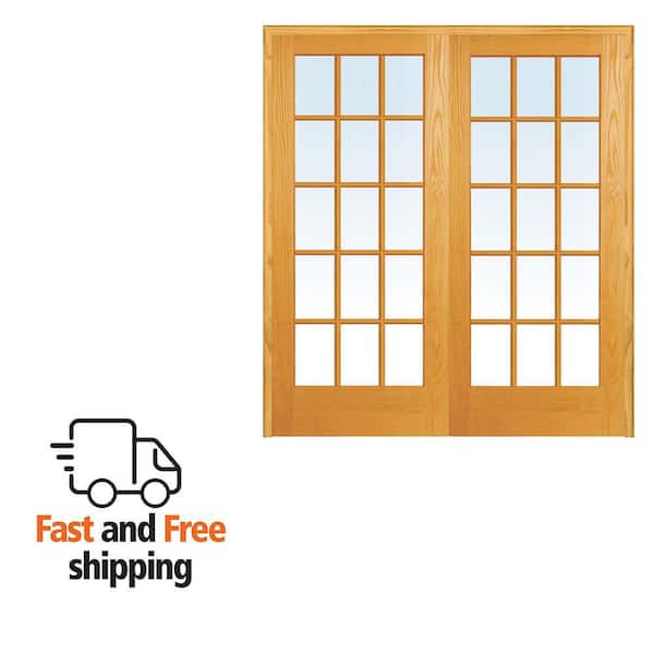 72 in. x 80 in. Both Active Unfinished Pine Glass 15-Lite Clear True Divided Prehung Interior French Door