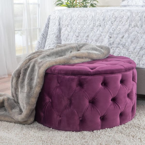 CHRISTOPHER KNIGHT HOME Fuchsia Button Tufted Velvet Round Accent 29.5 in. Ottoman, No Assembly Required