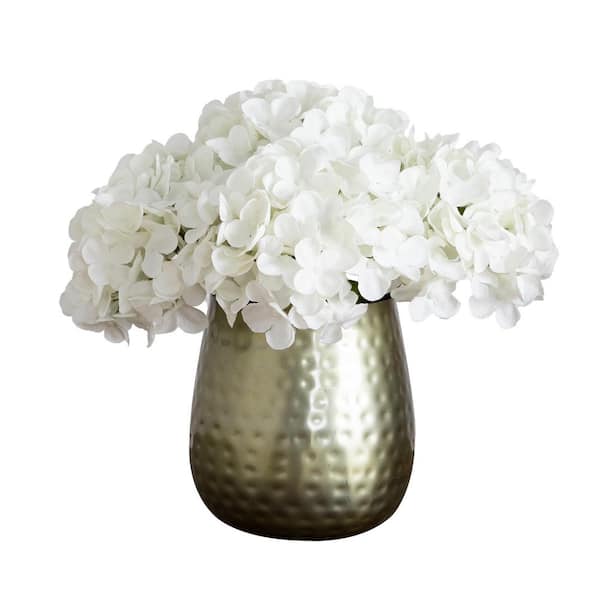 Nearly Natural 11 in. Artificial Hydrangea Arrangement in Gold Metal Vase