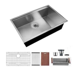 32 in. Undermount Single Bowl 18 Gauge Brushed Chrome Stainless Steel Kitchen Sink with Bottom Grids