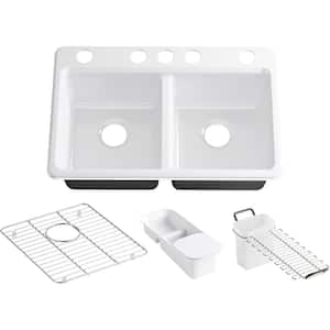 Riverby Undermount Cast Iron 33 in. 5-Hole Double Bowl Kitchen Sink Kit in White with Accessories