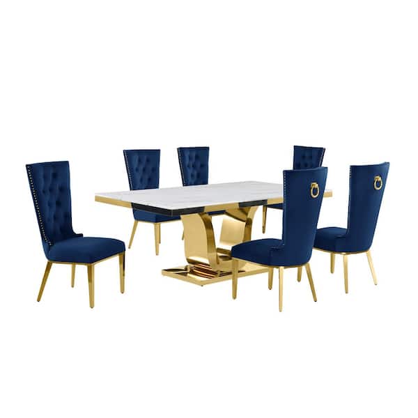 Best Quality Furniture Ada 7-Piece Rectangle White Marble Top With Gold Stainless Steel Dining Set With 6 Navy Blue Velvet Fabric Chairs
