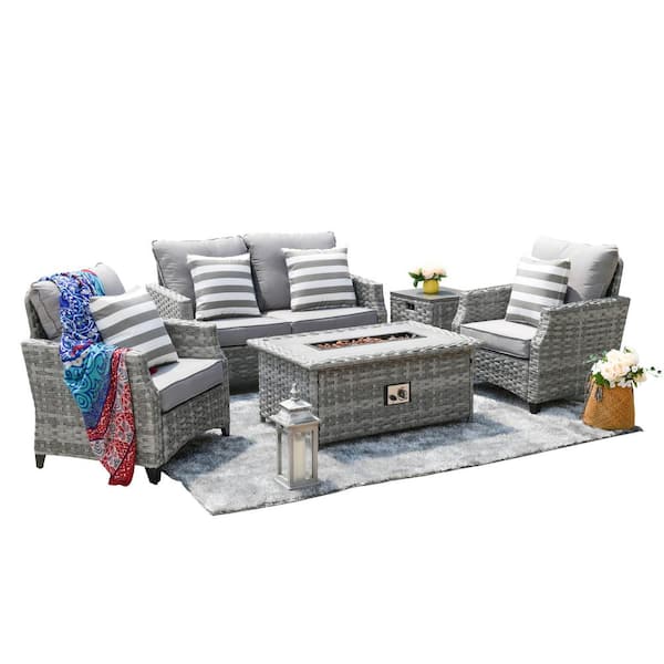 Moda 5-Piece Wicker Patio Conversation Set with Gas Fire Pit Table and Gray Cushions