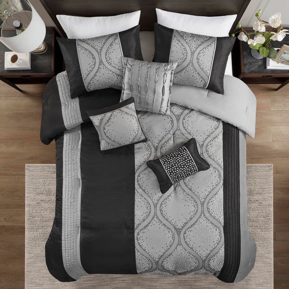 Black and Silver Full Microfiber Jacquard Comforter Set