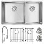 Crosstown 18-Gauge Stainless Steel 31.5 in. 60/40 2-Bowl Undermount Kitchen Sink with Faucet, Bottom Grids and Drains