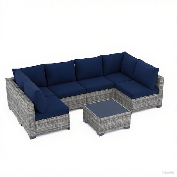 JUSKYS GUKOO Gray 7-Piece Wicker Metal Frame Sofa Seating Group with Navy Blue Cushions and Coffee Table