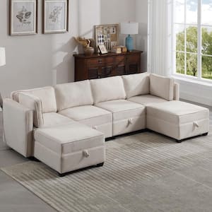 Upholstered Modular Sectional Sofa with Storage Ottoman 6-Piece Beige Linen Living Room Set Couches Set