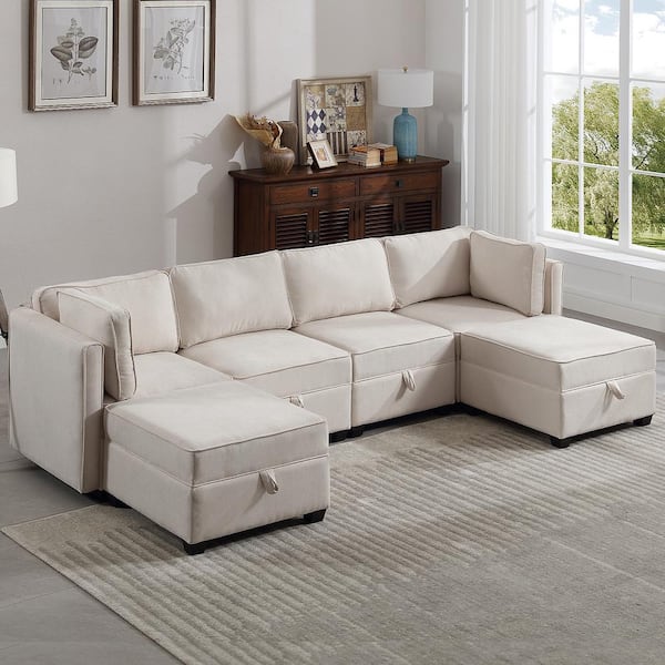 Morden Fort Upholstered Modular Sectional Sofa with Storage Ottoman 6-Piece Beige Linen Living Room Set Couches Set