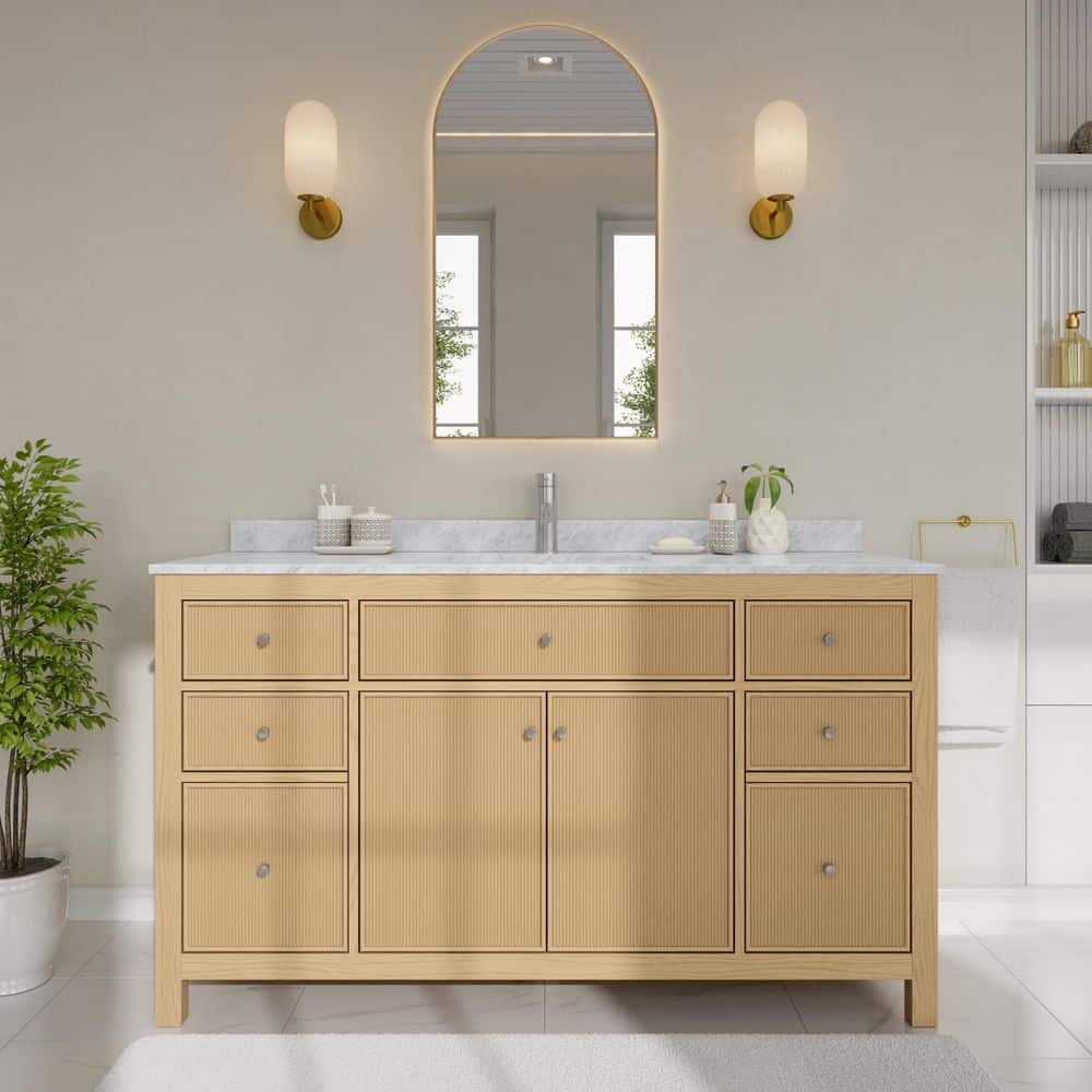 Pendry 60 in. Single Freestanding Tanned Oak Bath Vanity with White Carrara Marble Top Assembled price history on PriceWatchPro