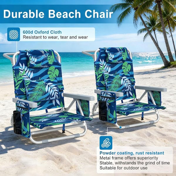 2-Pack Backpack Beach Chairs, 5-Position Metal Reclining Beach Chairs with Lumbar Pillow, 7 Pockets and Cooler Bag