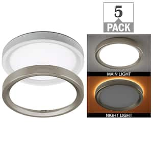 9 in. Selectable LED Flush Mount with Night Light Feature Optional White and Brushed Nickel Trim Rings (5-Pack)