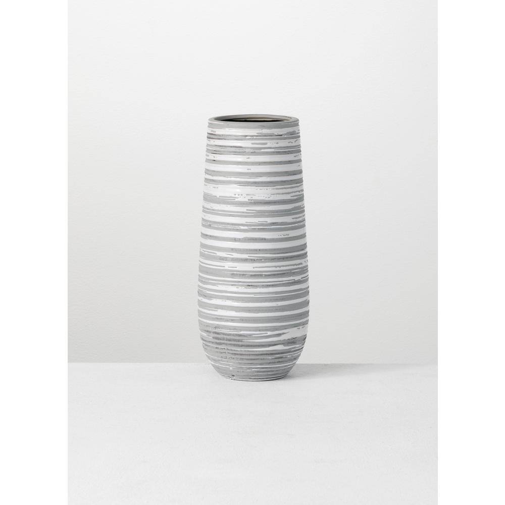 Gray and White Striped Ceramic Decorative Vase 12"