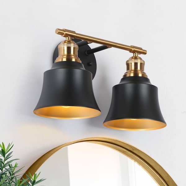 Uolfin Modern Black Bathroom Wall Light, 14 in. 2-Light Farmhouse Gold Bell Wall Sconce
