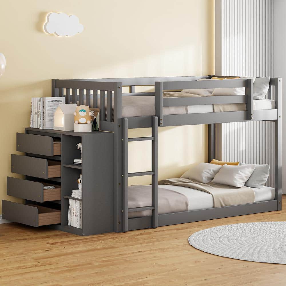 Harper & Bright Designs Gray Twin over Twin Wood Frame Bunk