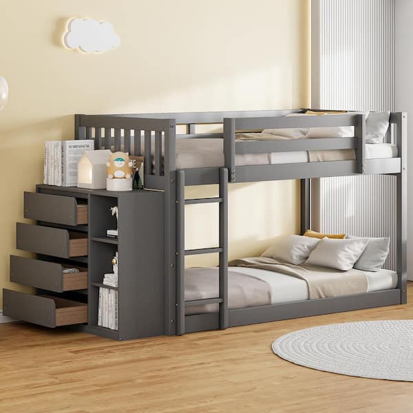 Harper & Bright Designs Gray Twin over Twin Wood Frame Bunk Bed with Cabinet Including 4 Drawers and 3 Shelves, Built-in Ladder