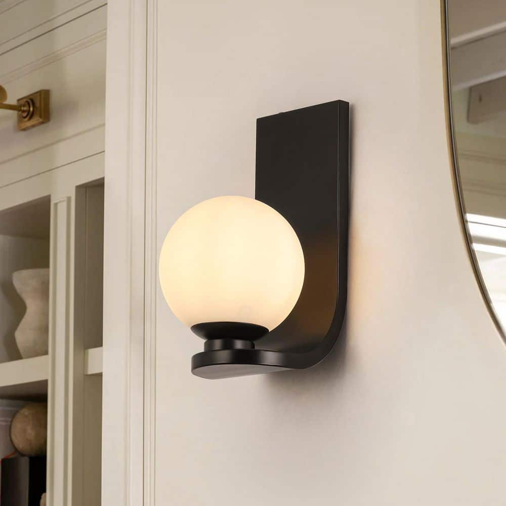 Besima 5.91 in. 1-Light Matte Black J-Shaped Wall Sconce with Opal Glass Globe price history on PriceWatchPro