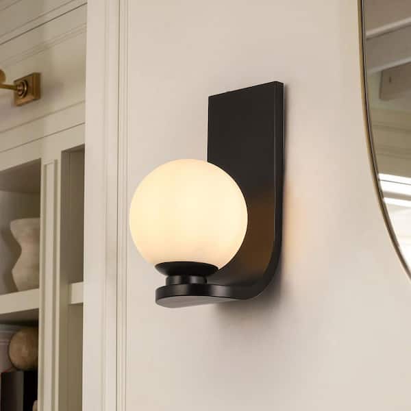 Besima 5.91 in. 1-Light Matte Black J-Shaped Wall Sconce with Opal Glass Globe