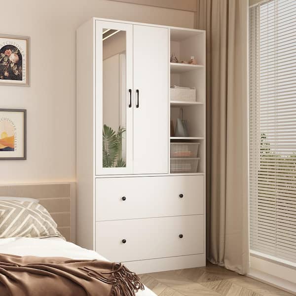 White Wood 35.5 in. W Armoires Wardrobe With Mirror, Pulling Hanging Rod, Drawers, Shelves 15.8 in. D x 70.8 in. H