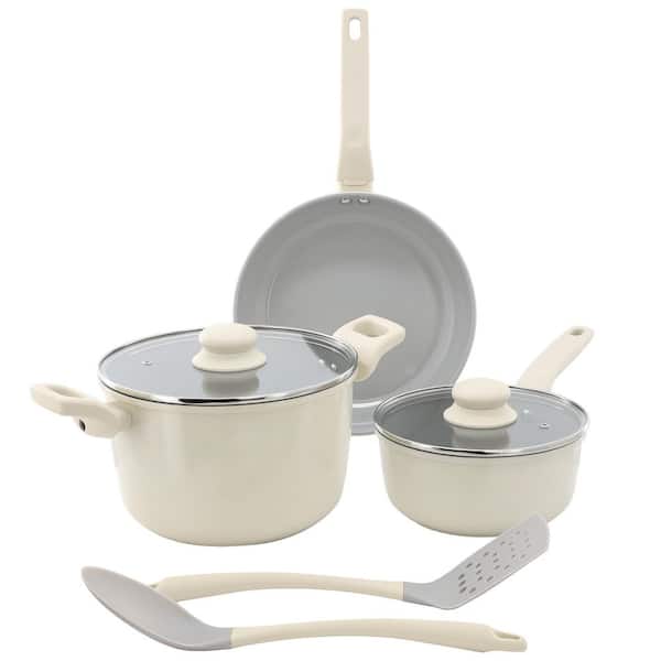 7 Piece Ceramic Nonstick Aluminum Cookware Set in Linen