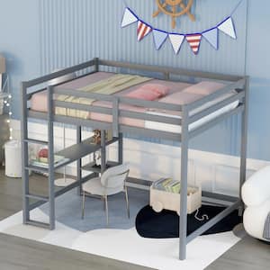 Gray Full Size Loft Bed with Desk, Wood Loft Bed Frame with Storage Shelves Bookcase, Loft Bed for Dorm, Kids Teens
