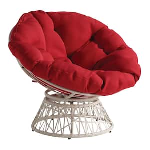 Papasan Chair with Red Round Pillow Cushion and Cream Wicker Weave