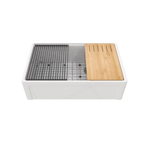 33 in. Single Bowl Farmhouse Apron-Front Cement Kitchen Sink with Bottom Grid and Strainer Drain in Taupe