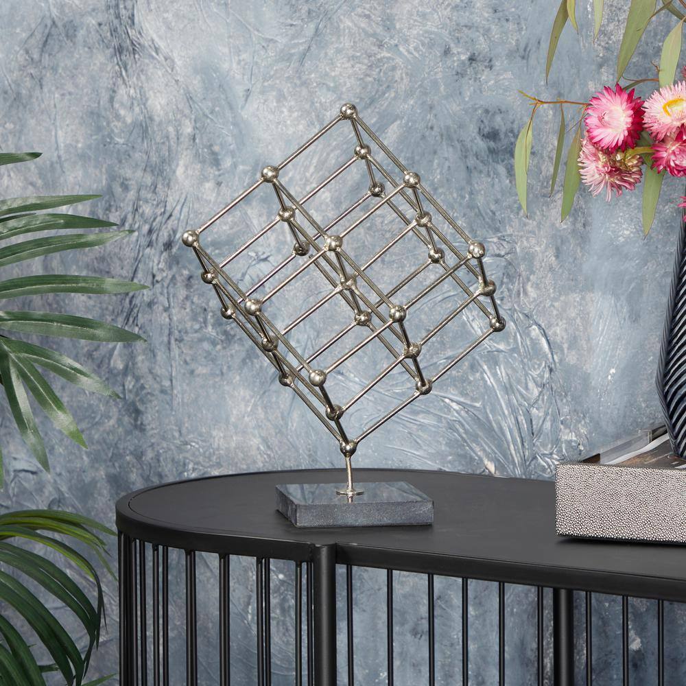 Modern Silver Cube Sculpture with Marble Base 12''
