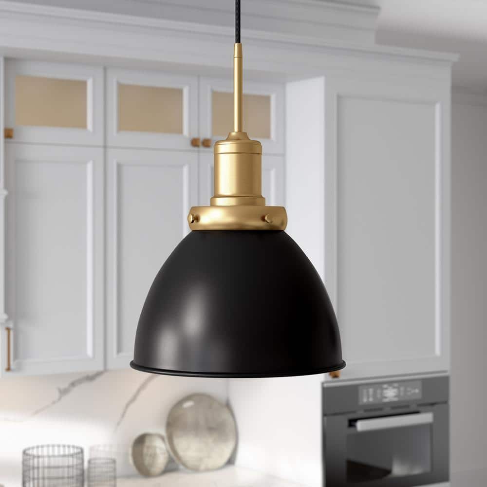 Modern 12" Black Bowl Pendant Light with Satin Nickel Accents