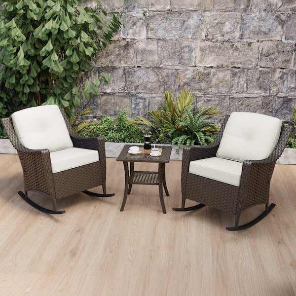 Wicker Outdoor Rocking Chair with Beige Cushions