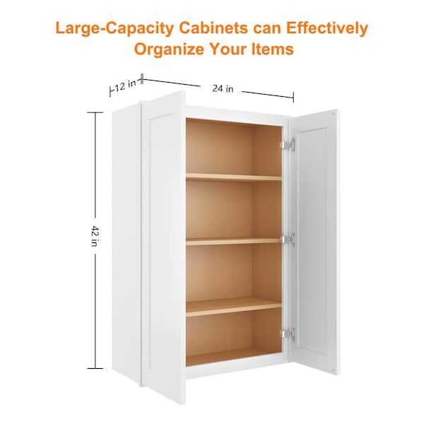 HOMEIBRO Newport Shaker White Ready to Assemble Wall Cabinet with 2-Doors 3-Shelves (24 in. W x 42 in. H x 12 in. D)