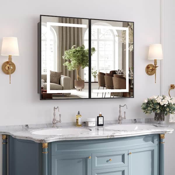 48 in. W x 32 in. H Large Rectangular Black Wall Mount LED Lighted Medicine Cabinet with Mirror