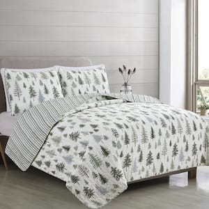 3-Piece Green Reversible Forest Themed Full/Queen Microfiber Quilt Set Bedspread