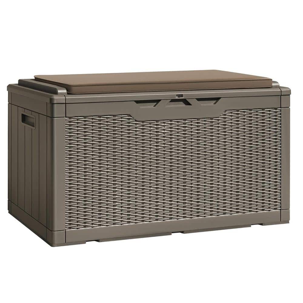 100 Gal. Large Light Coffee Resin Deck Box with Cushions and Lockable Lid