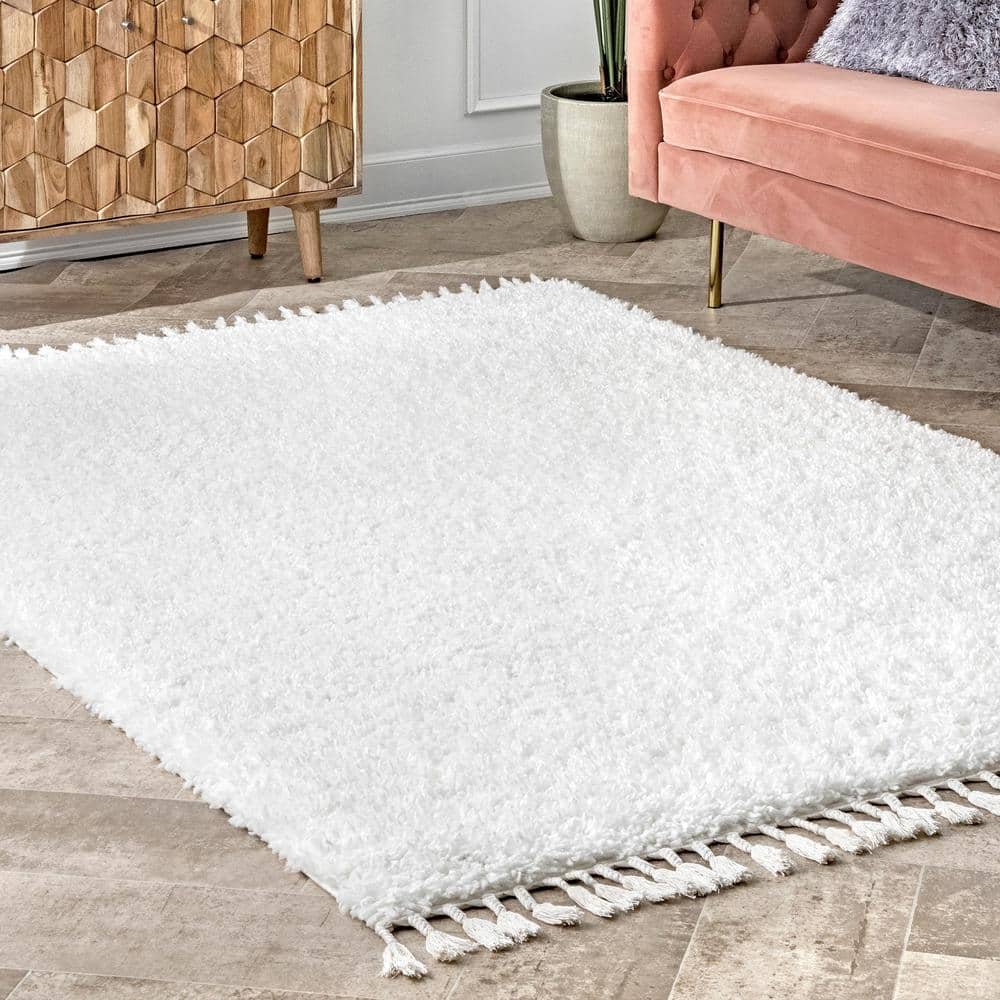 Ivory Rectangular Braided Shag Area Rug with Tassels