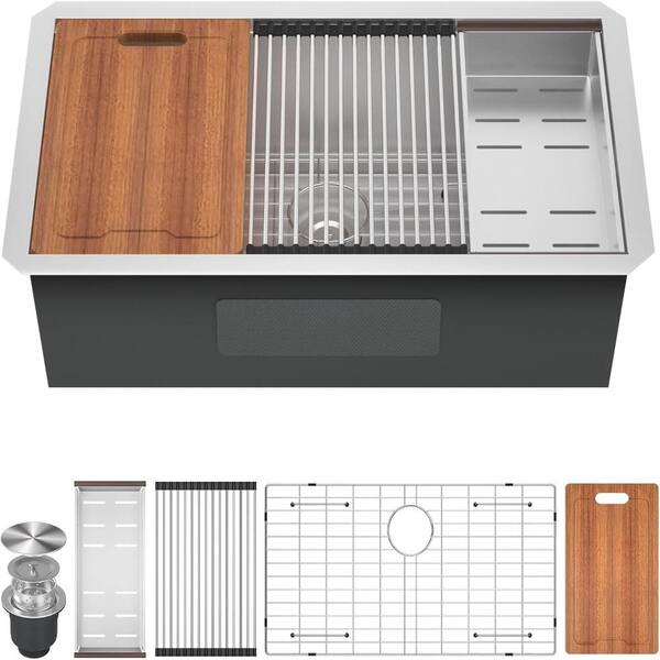 30 in. Undermount Single Bowl 16-Gauge T304 Stainless Steel Workstation Kitchen Sink with Ledge