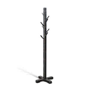 Rena Rustic Black Mahogany Hat and Coat Rack Stand with 8 Wooden Hooks