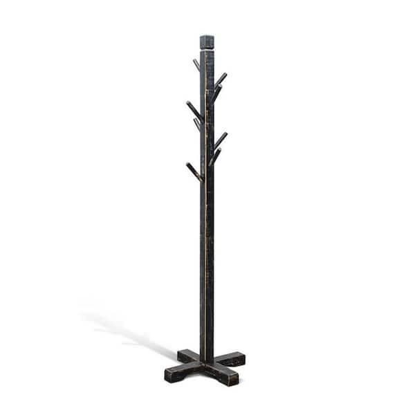 Rena Rustic Black Mahogany Hat and Coat Rack Stand with 8-Wooden Hooks