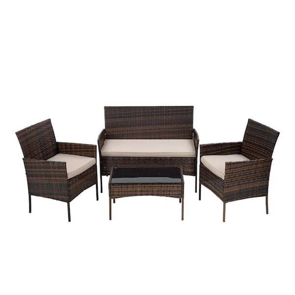 Brown 4-Piece Wicker Patio Conversation Set with Khaki Cushions ...