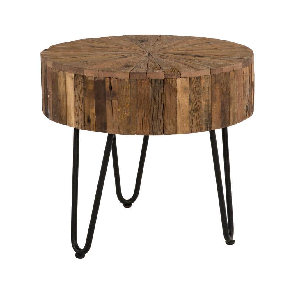22" Rustic Reclaimed Wood Round End Table with Iron Hairpin Legs