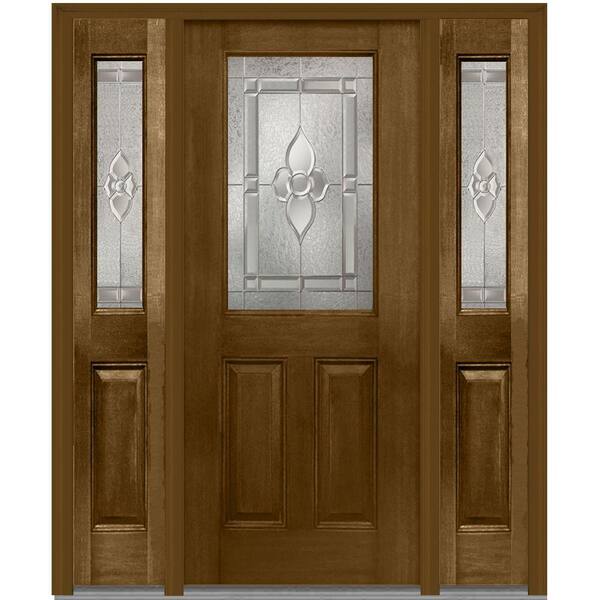 MMI Door 64 in. x 80 in. Master Nouveau Left-Hand 1/2-Lite Decorative Stained Fiberglass Mahogany Prehung Front Door w/ Sidelites