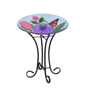Solar Led Floral Glass Butterfly Bird Bath With Stand - Garden Statue