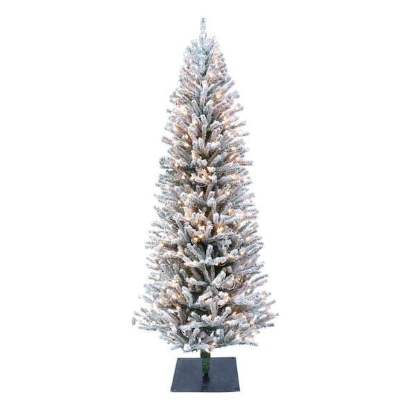 Puleo International Pre-Lit 5 ft. Flocked Fir Artificial Christmas Tree with Pines Cones and 200 Lights, Green